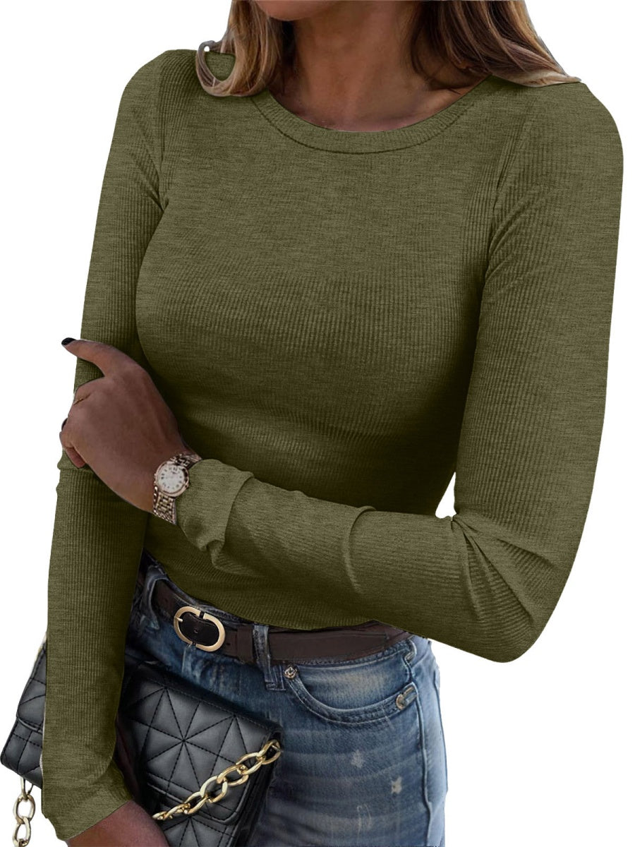 Pit Strip Long Sleeve Elastic Crew Neck Ribbed Slim Fit Basic T-shirts