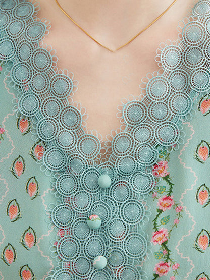 Alyssa Elegant V-neck Lace Printed Floral Dress