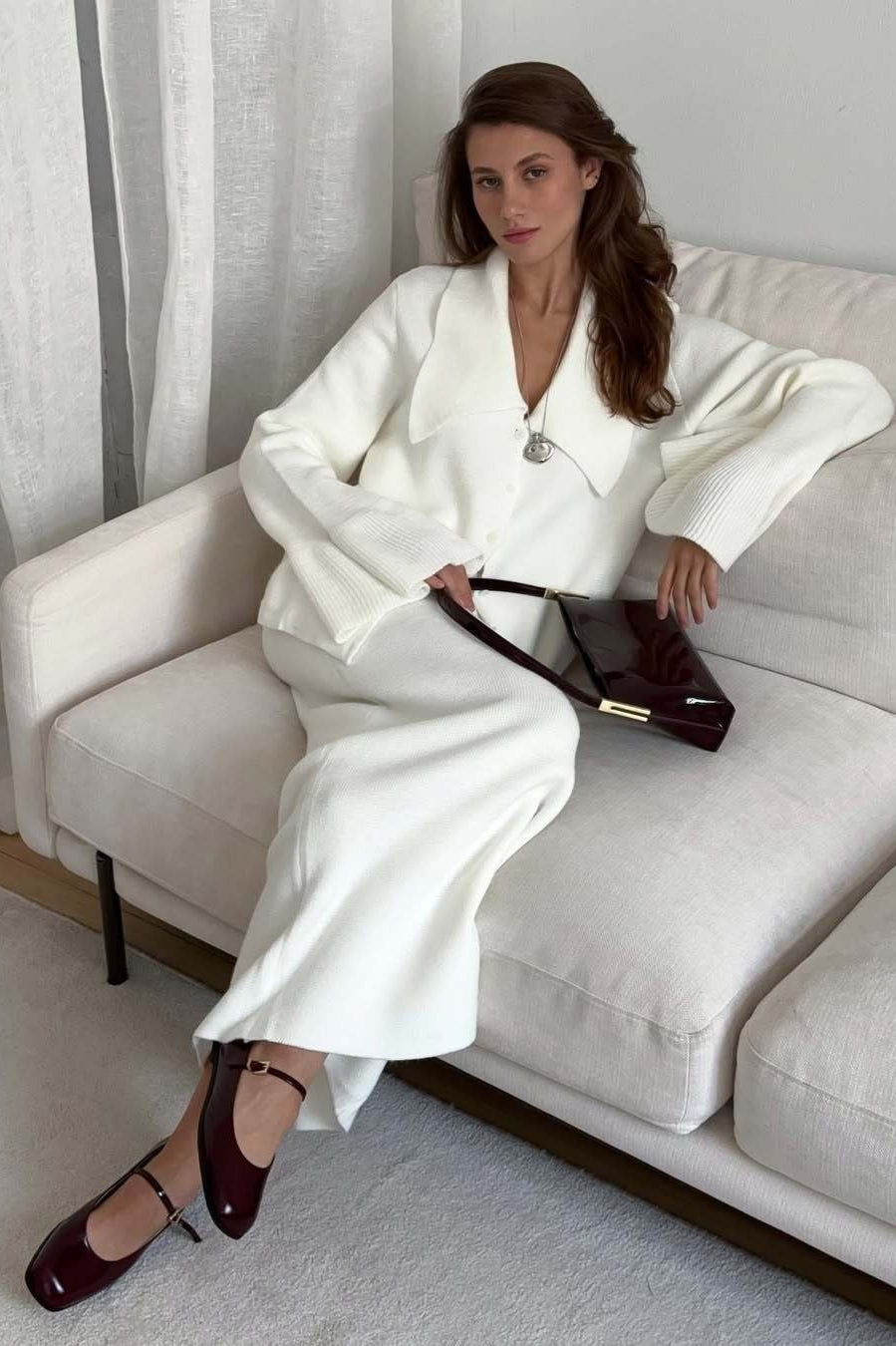 Bell-Sleeve Pink Polo Collar Cardigan Straight Skirt Two Piece Set