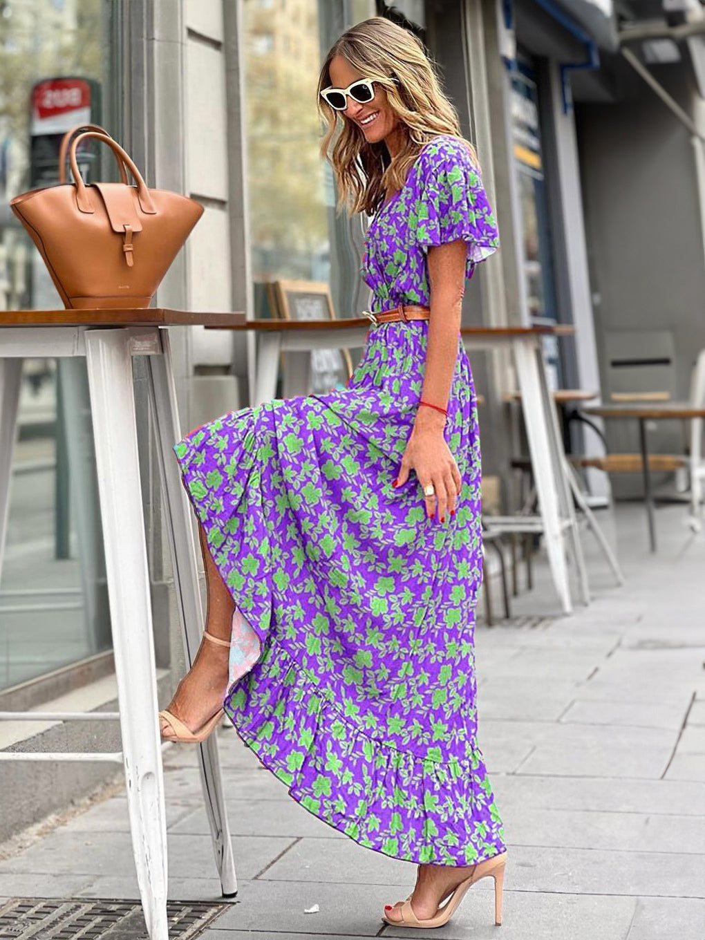 Floral Wrap V Neck Maxi Dress for Women - Boho Flutter Sleeve Ruffle Hem Long Dress - Summer Beach Vacation 2026