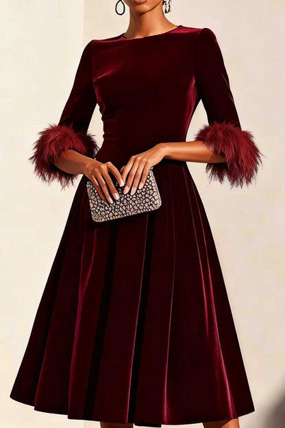 Solid Color Velvet Feather Half Sleeves Elegant Fitted Waist Midi Dress