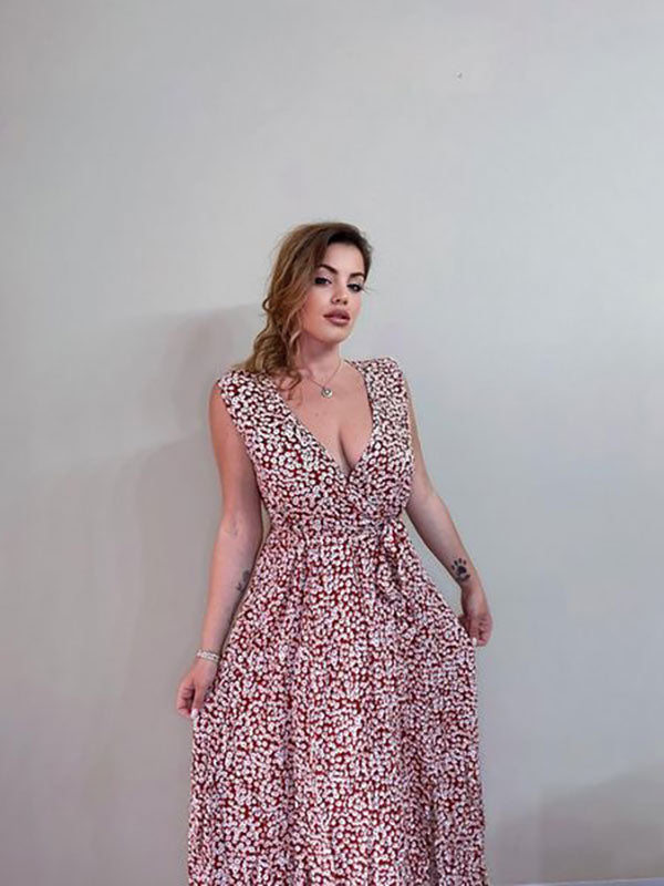 Ditsy Floral Maxi Dress for Women - Brick Red Sleeveless Side Slit V Neck Sundress - Summer Beach Resort Wear 2026