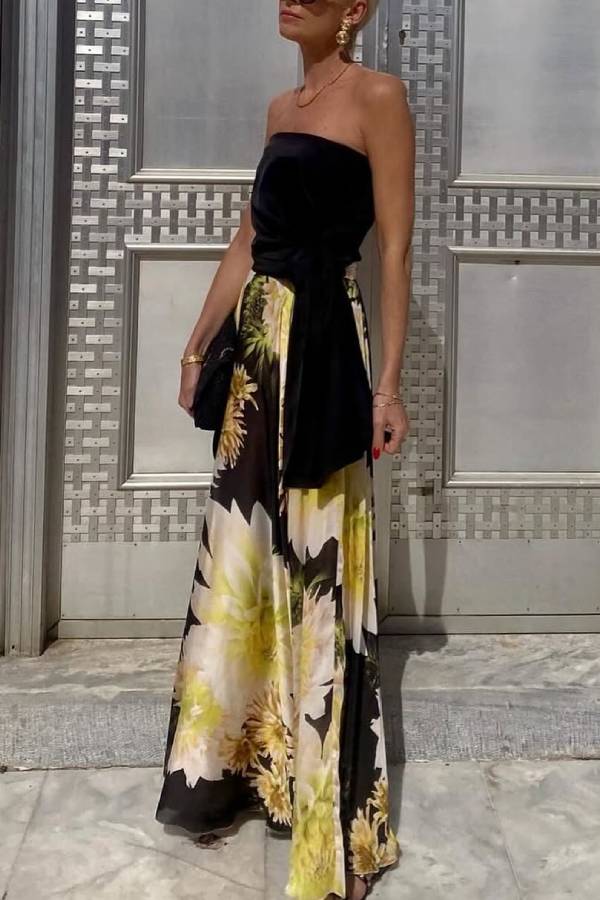 Sexy Bandeau Fit Top and Floral Print Maxi Skirt Set