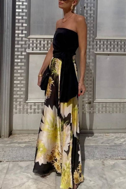 Sexy Bandeau Fit Top and Floral Print Maxi Skirt Set