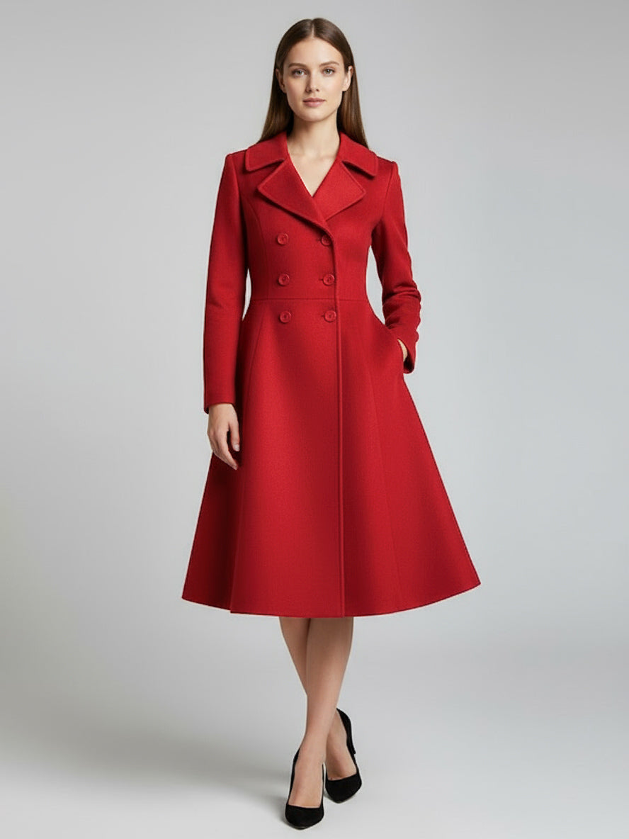 Double-Breasted Wool Blend Midi Coat With Flared A-Line Silhouette For Women 2026