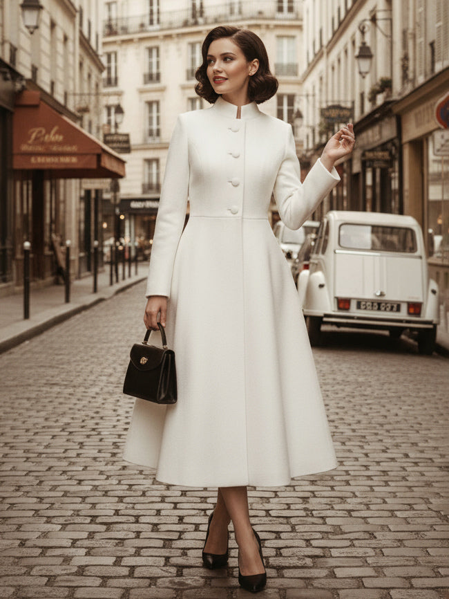 Vintage Stand-Collar A-line Woolen Flared Coat In White For Women 2026