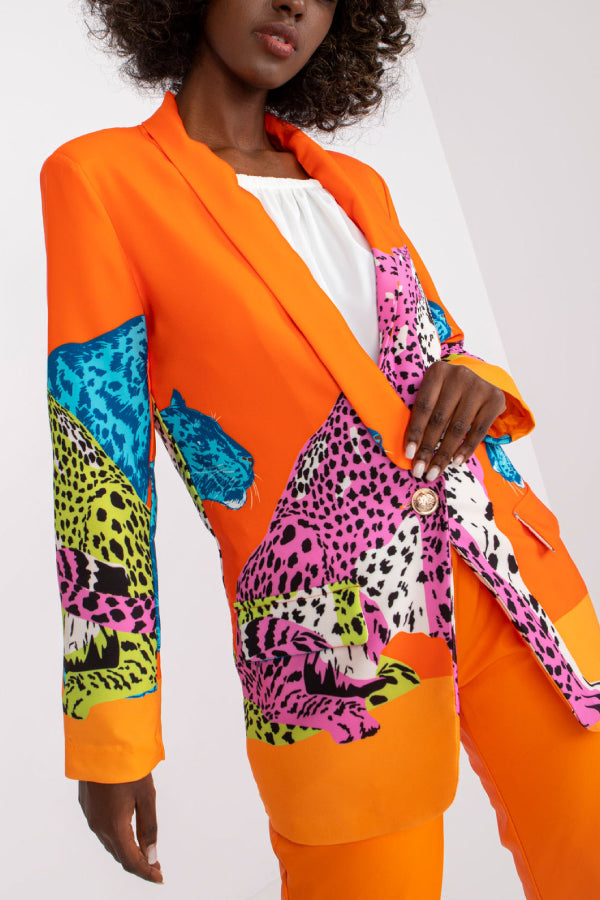 Leopard Print Contrast Slim Fit Long Blazer