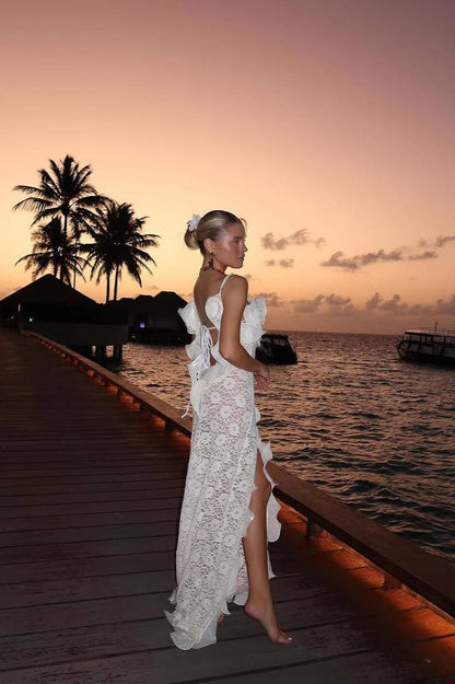 Sexy Lace Split V Neck Backless Ruffled Boho Dress