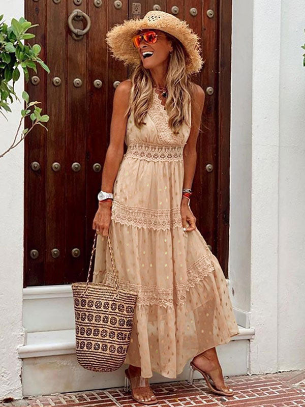 Polka Dot Boho Maxi Dress for Women - Lace Trim Tiered V Neck Sundress - Summer Beach Holiday 2026