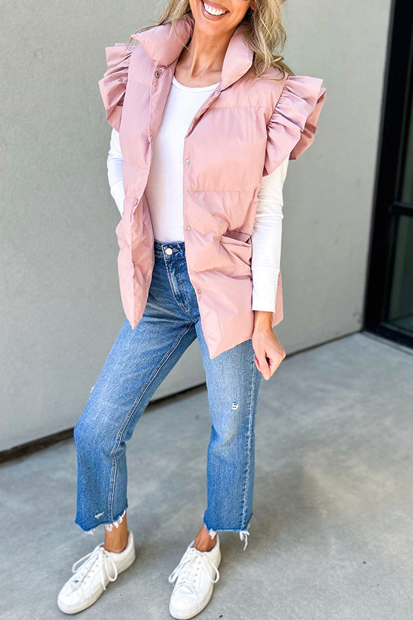 Casual stand-up collar, buttoned double pockets, flying ruffled sleeves vest