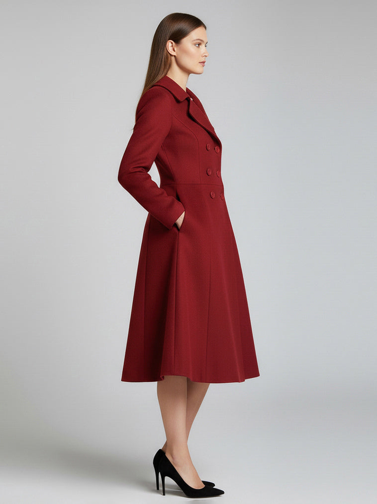 Double-Breasted Wool Blend Midi Coat With Flared A-Line Silhouette For Women 2026