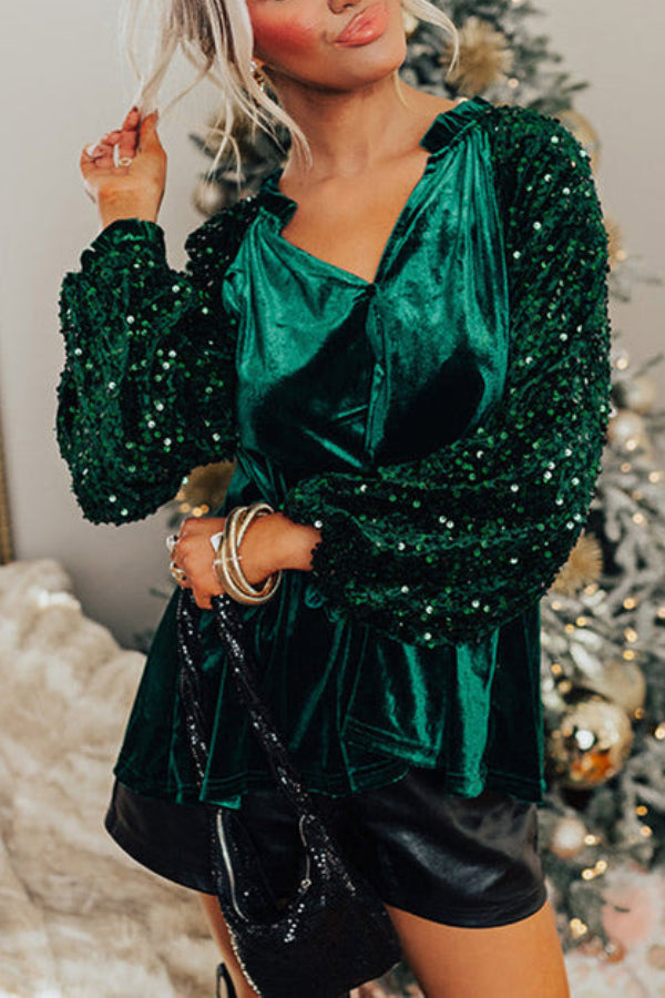 Sequin Patchwork Sleeve Button Up Velvet Top