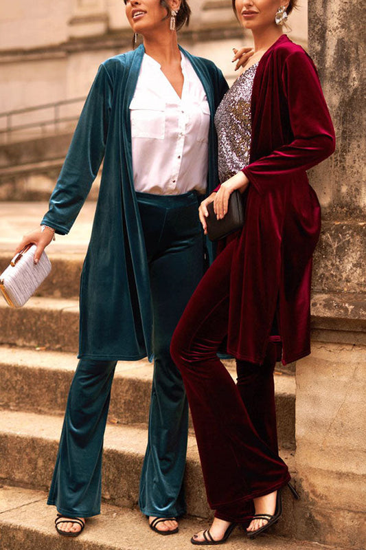 LUXE LADY VELVET LONG SLEEVE OPEN FRONT DRAPE MIDI KIMONO