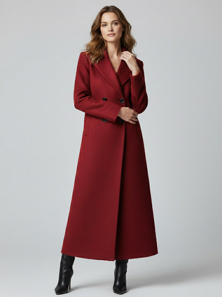 Maxi Double-breasted Woolen Coat in Sophisticated Straight Cut For Women 2026