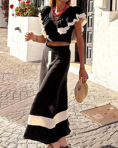 V-Neck Ruffle Maxi Skirt Suit