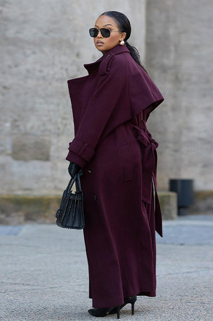 Double Breasted Belted Wool Trench Overcoat