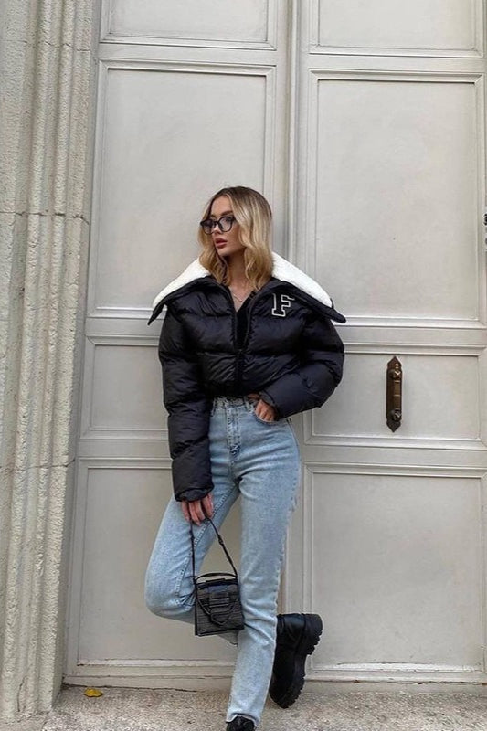 Polar Fleece Patchwork Faux Fur Collar Puffer Jacket