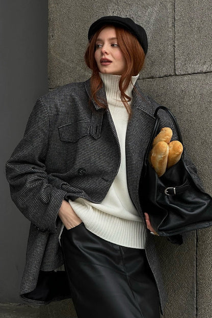 Houndstooth Wool Blend Long Coat