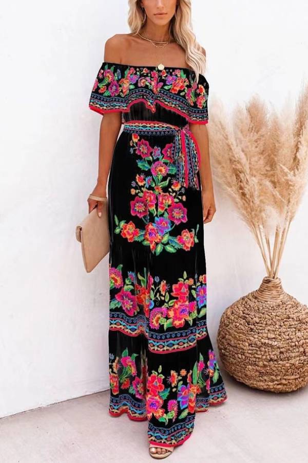 Off-shoulder printed long swing dress