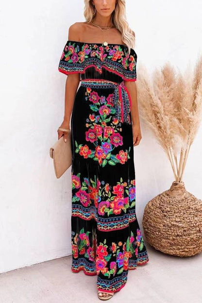 Off-shoulder printed long swing dress