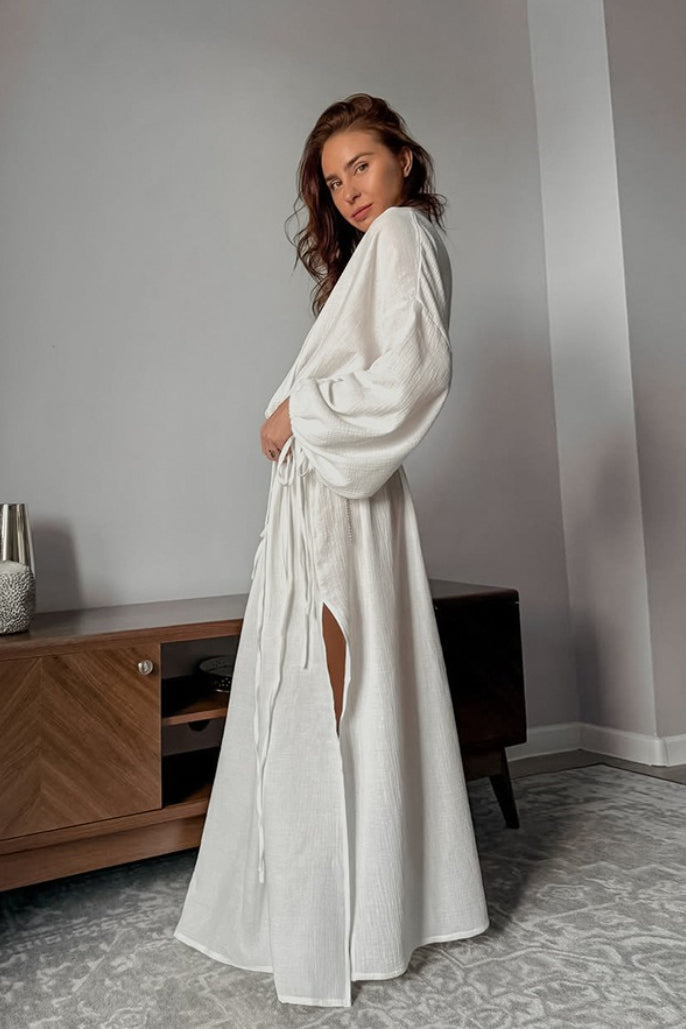 Cotton Cutout Tie Waist Long Sleeve Maxi Dress