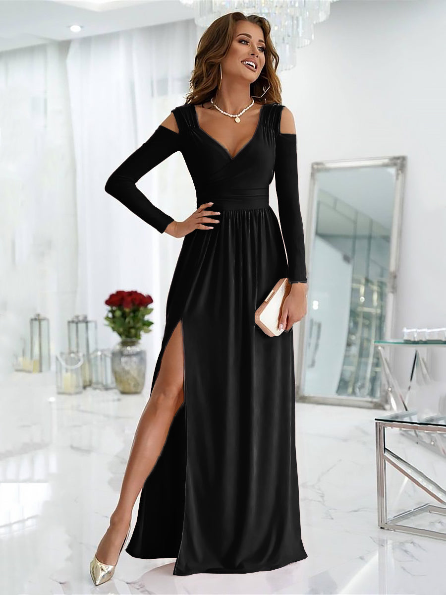 Maxi Dress V-Neck Cold Shoulder Layered Cut Out Sexy Slit Prom Dress
