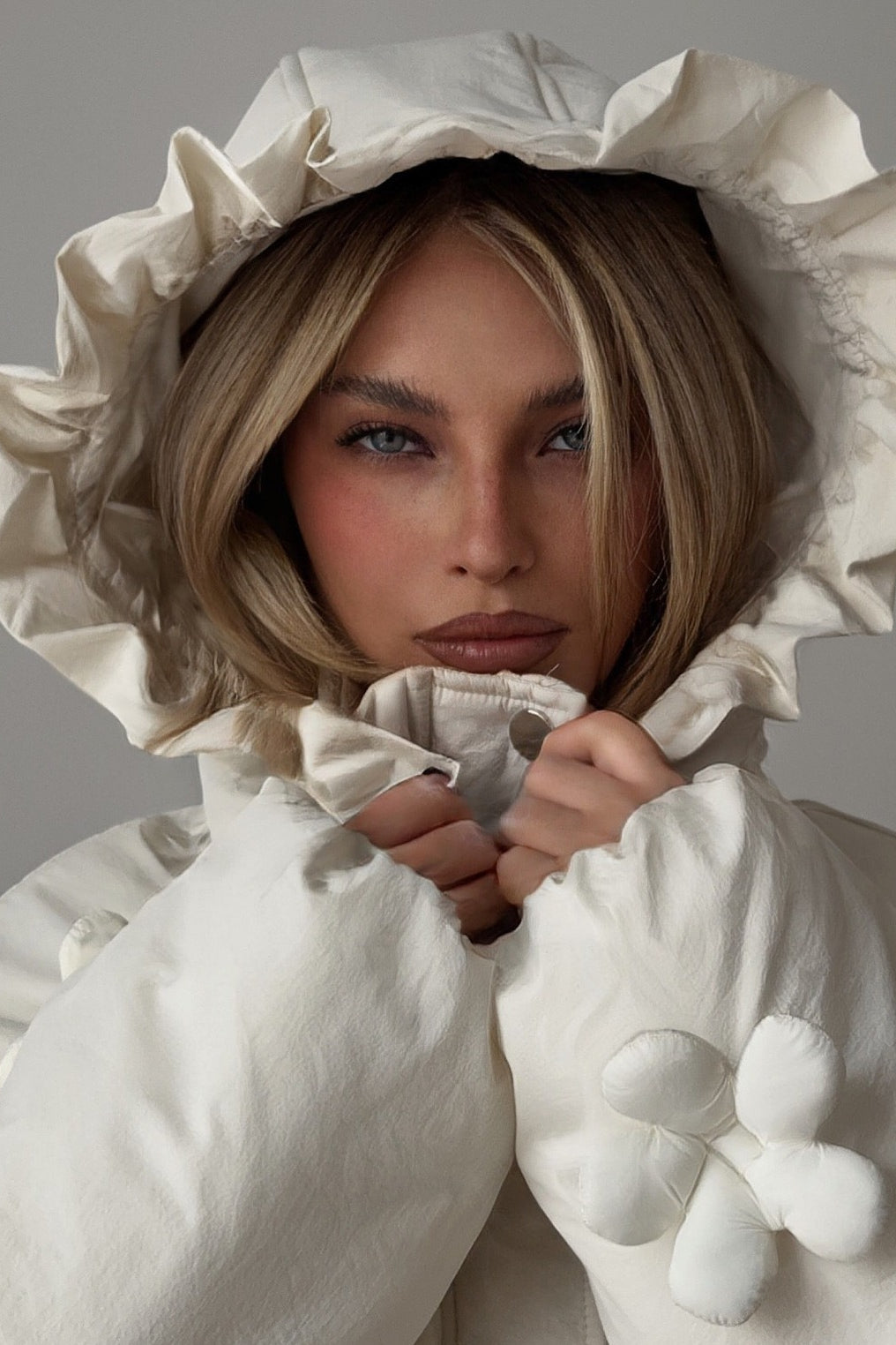 3D Floral Cropped Hooded Puffer Jacket