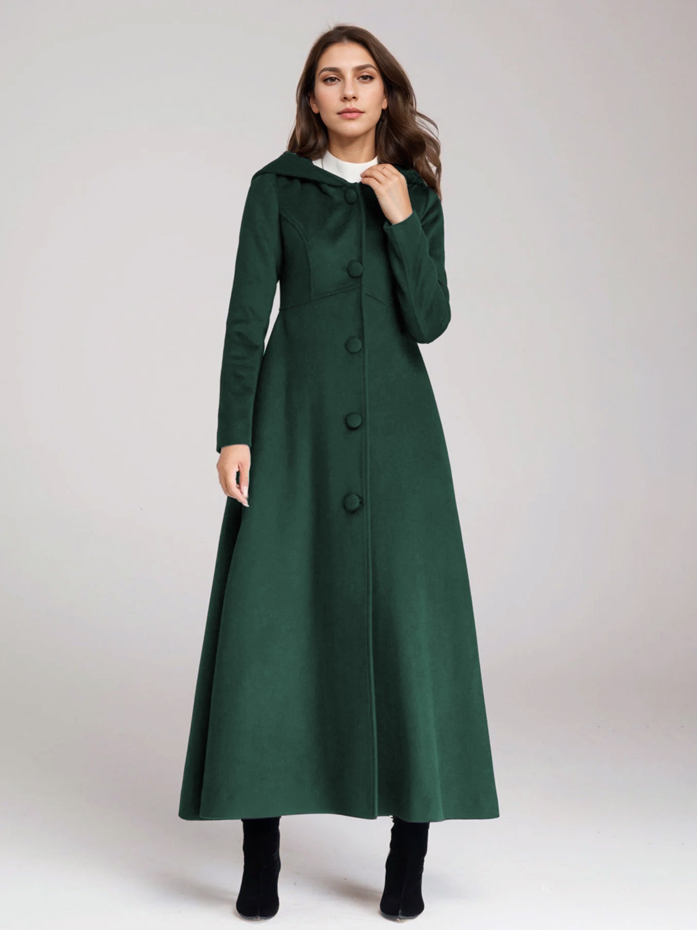 Wool Blend Coat With Hood Dark Navy A-line Flared Maxi Outerwear For Women 2026