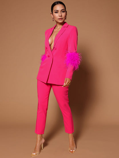 Pant Set Lapel Deep V-Neck Feathers Sexy Women Suits