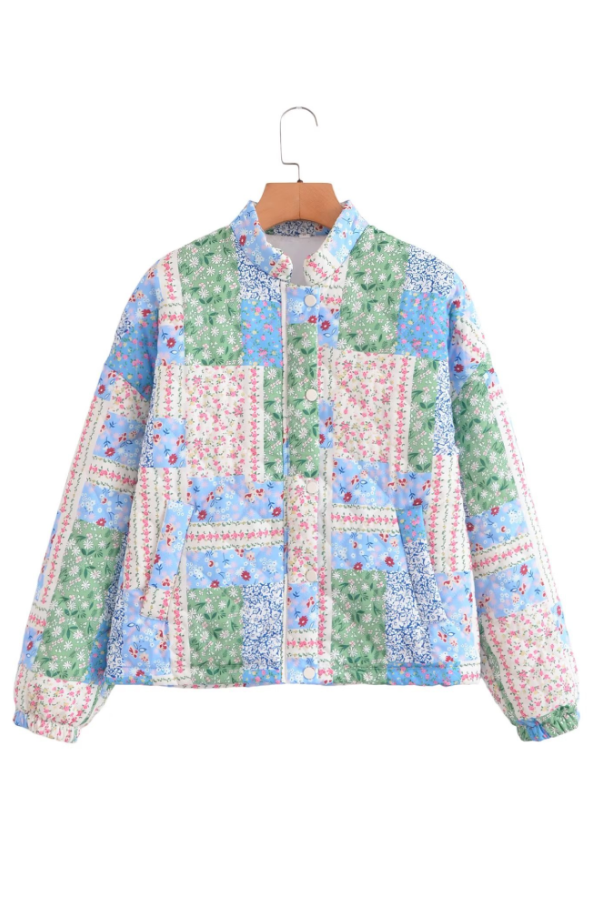Loose Stand Collar Long Sleeve Floral Printed Cotton Jacket