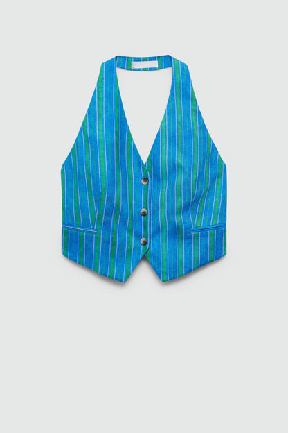 Linen Blend Striped Button Halter Backless Vest and Elastic Waist Pocket Pants Set