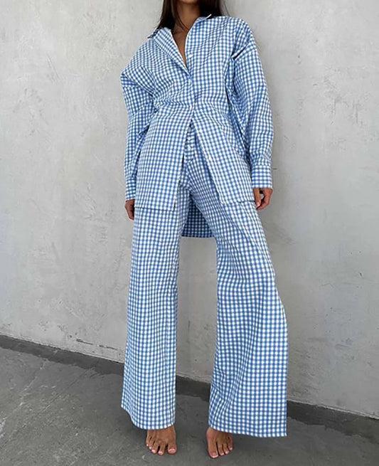 Blue Cotton Print Lapel Straight Pants Office Two Piece Set