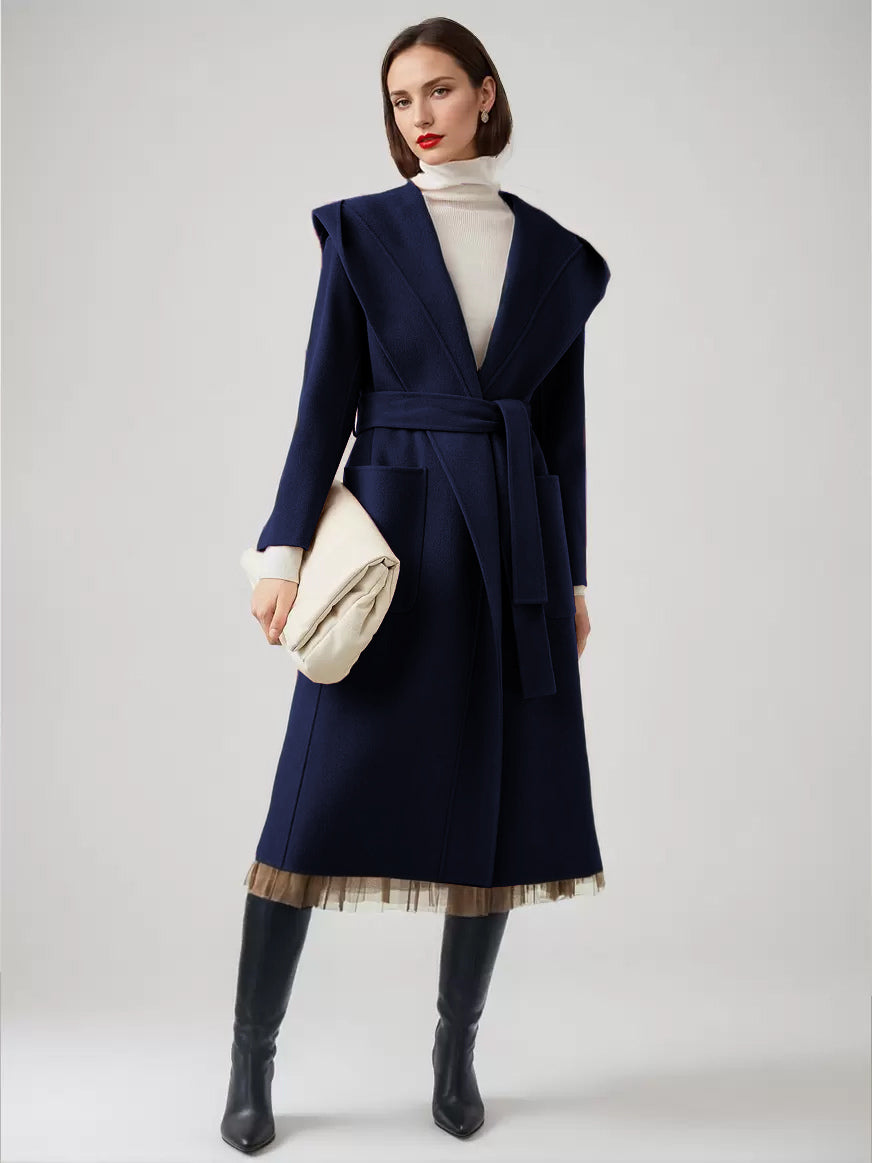Wool Cashmere Blend Wrap Coat With Hood Double-Faced Camel Belted Winter Outerwear For Women 2026