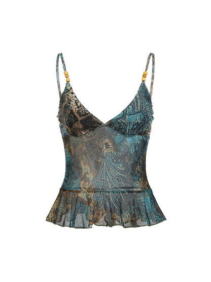 Green American Vintage Print Beading Cami Top