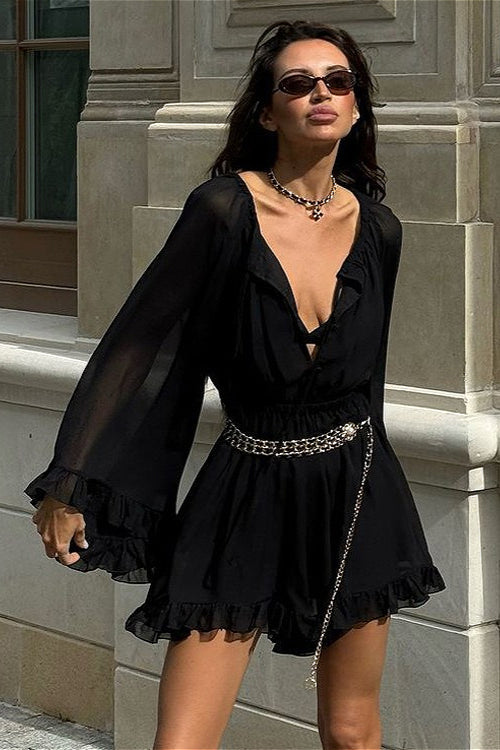 Deep V-Neck Button Front Bell Sleeve Ruffle Hem Chiffon Romper