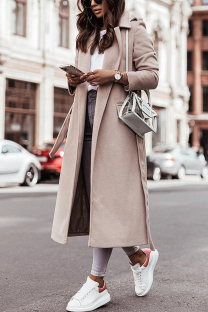 Simple Long-sleeved V-neck Tie Woolen Coat