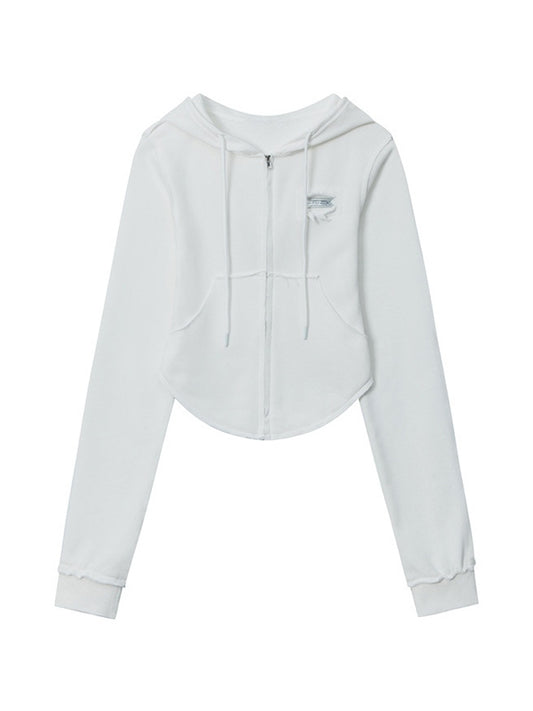 Solid Color Frayed Design Drawstring Long Sleeve Tee