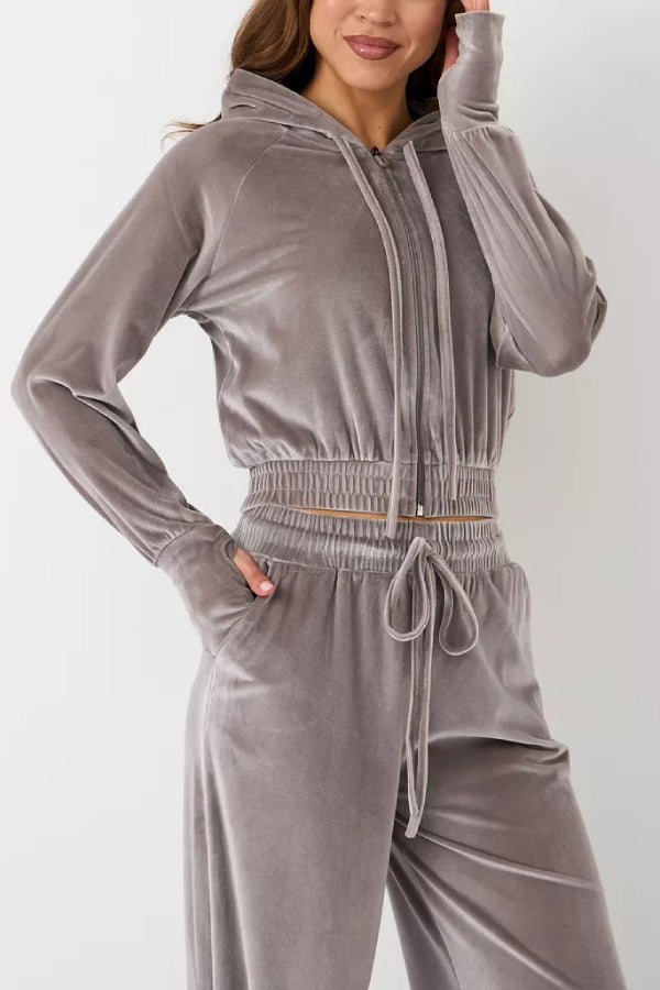 Fashion Zipper Open Velvet Casual Two -piece Suit