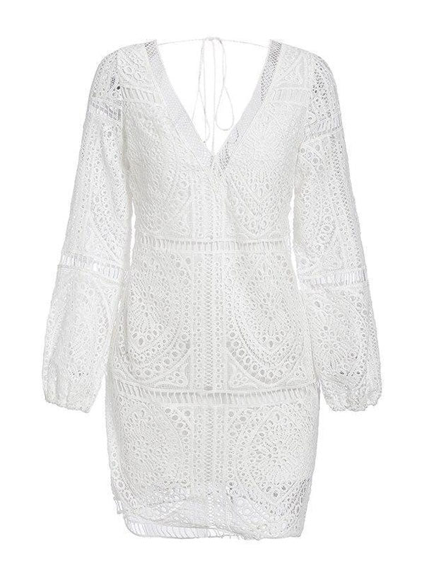 White Lace Boho Dress for Women - Backless Long Sleeve V Neck Mini Dress - Summer Beach Vacation Outfit 2026