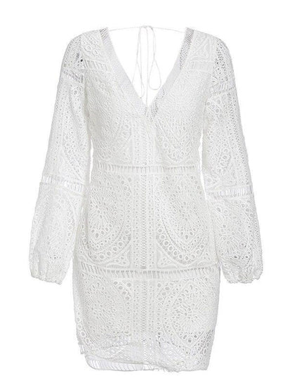 White Lace Boho Dress for Women - Backless Long Sleeve V Neck Mini Dress - Summer Beach Vacation Outfit 2026