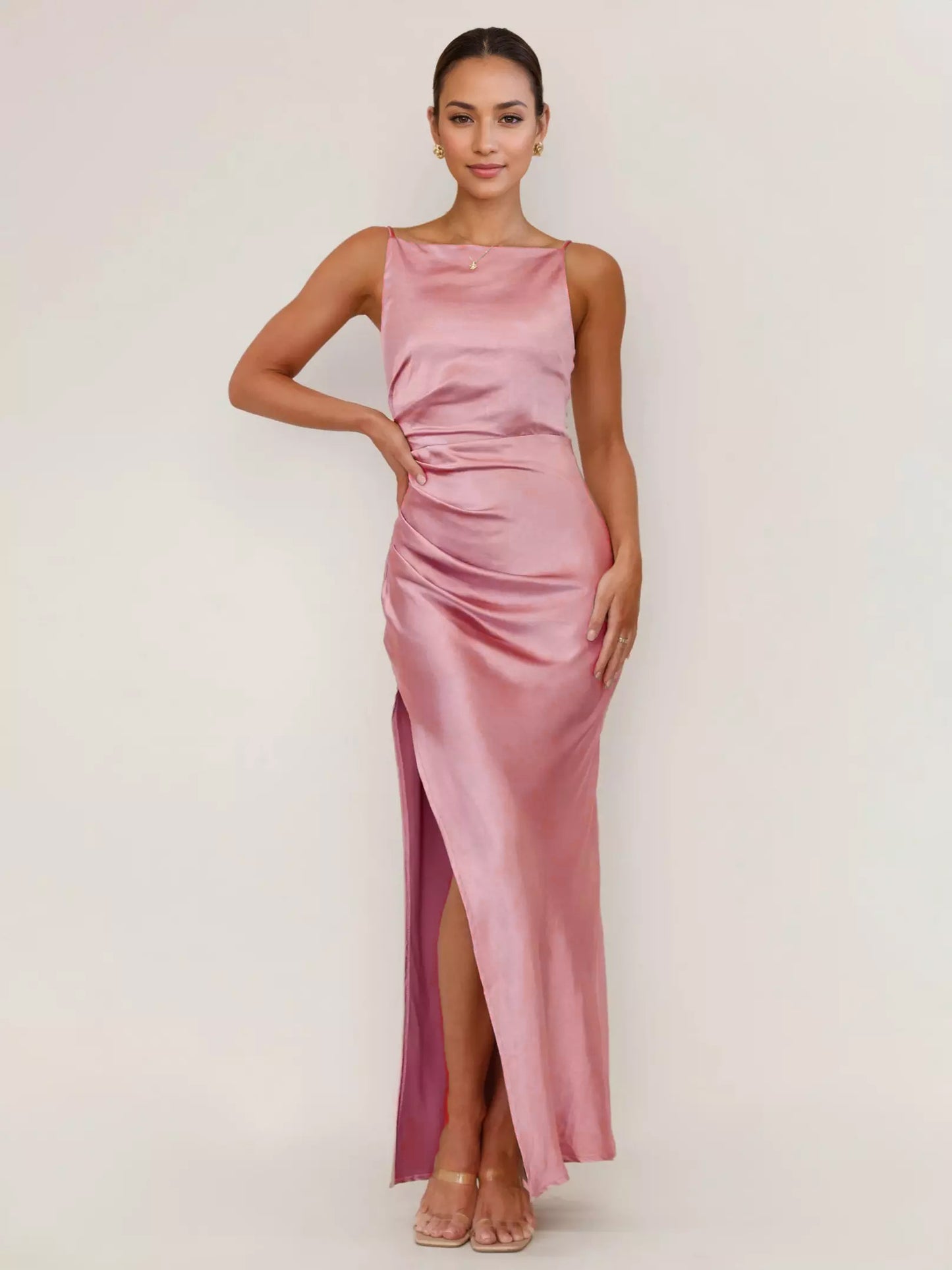 Soft Pink Maxi Slit Dress Open Back Party Slip Dress For Women 2026