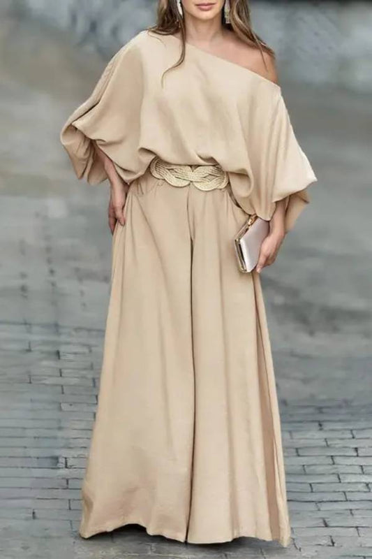 Skew Neck Lantern Sleeve Top & Wide Leg Pants Set