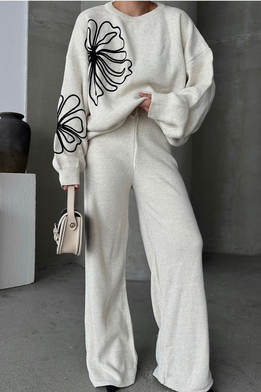 Casual Round Neck Knit Sweater with Pants Two Piece Pants Set