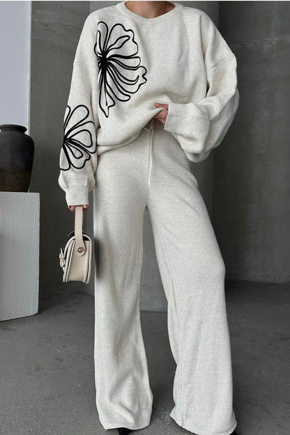 Casual Round Neck Knit Sweater with Pants Two Piece Pants Set