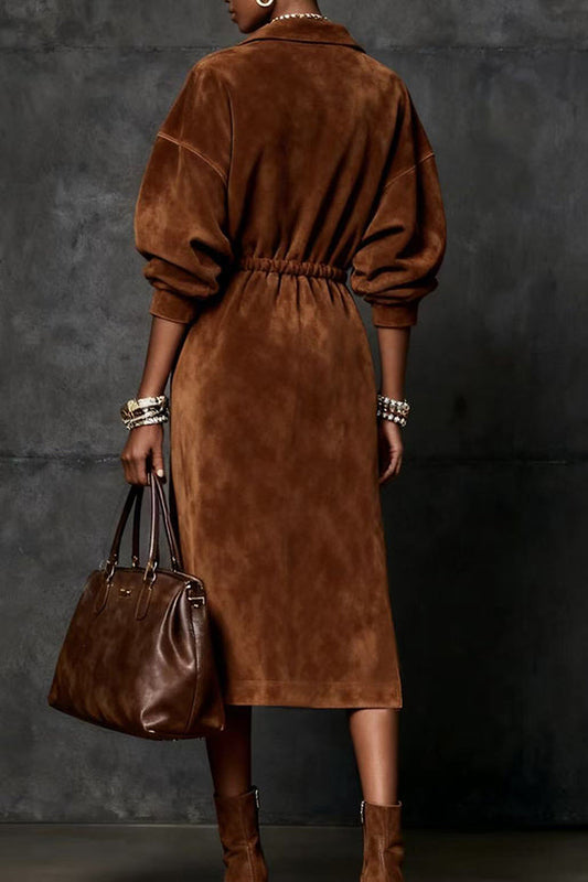 Stylish Suede Lapel Zipper Waist Tie Casual Midi Dress