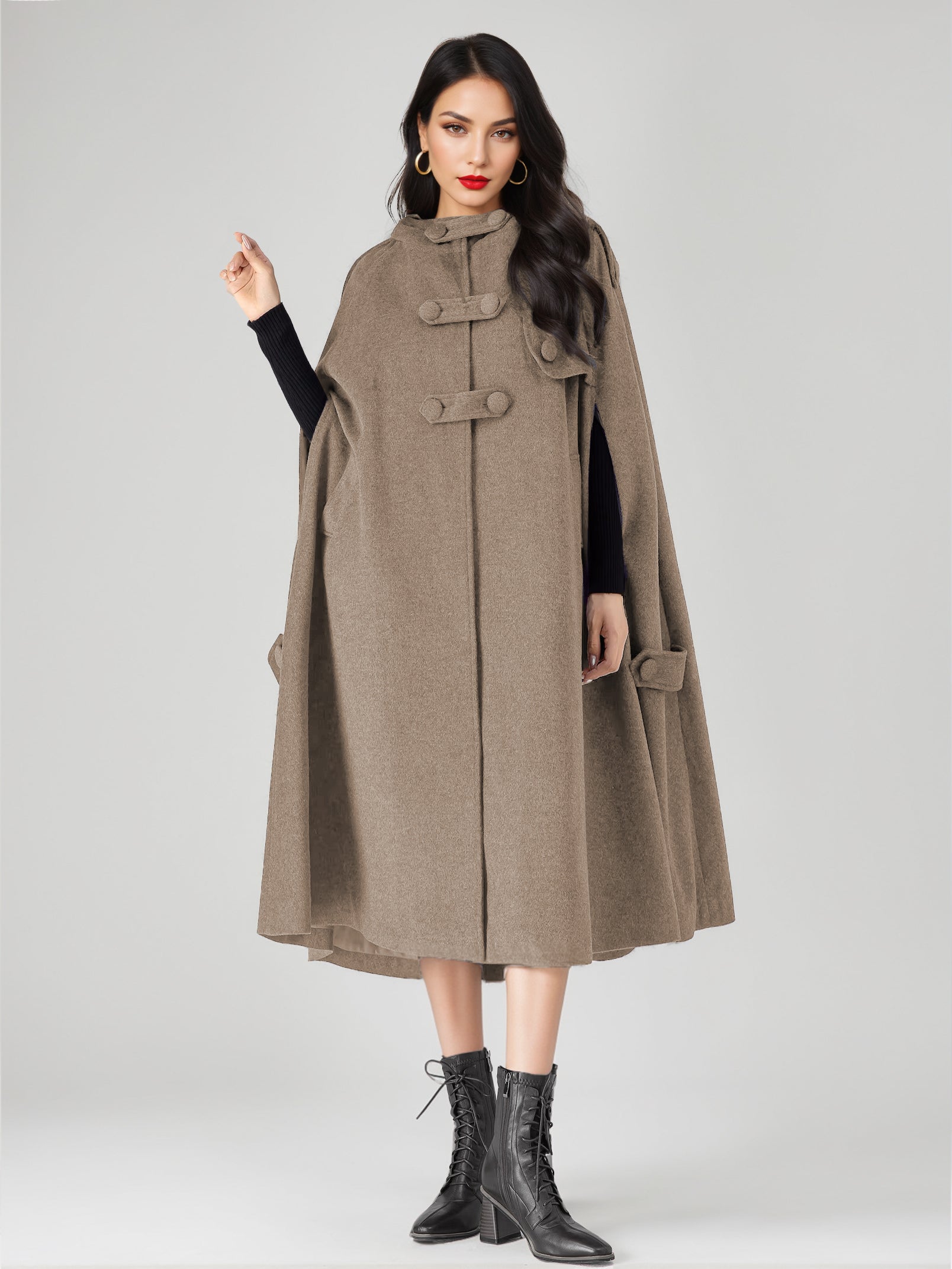 Wool Blend Cape Coat For Women Hooded Gray Oversized Long Poncho Outerwear 2026