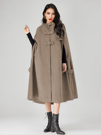 Wool Blend Cape Coat For Women Hooded Gray Oversized Long Poncho Outerwear 2026