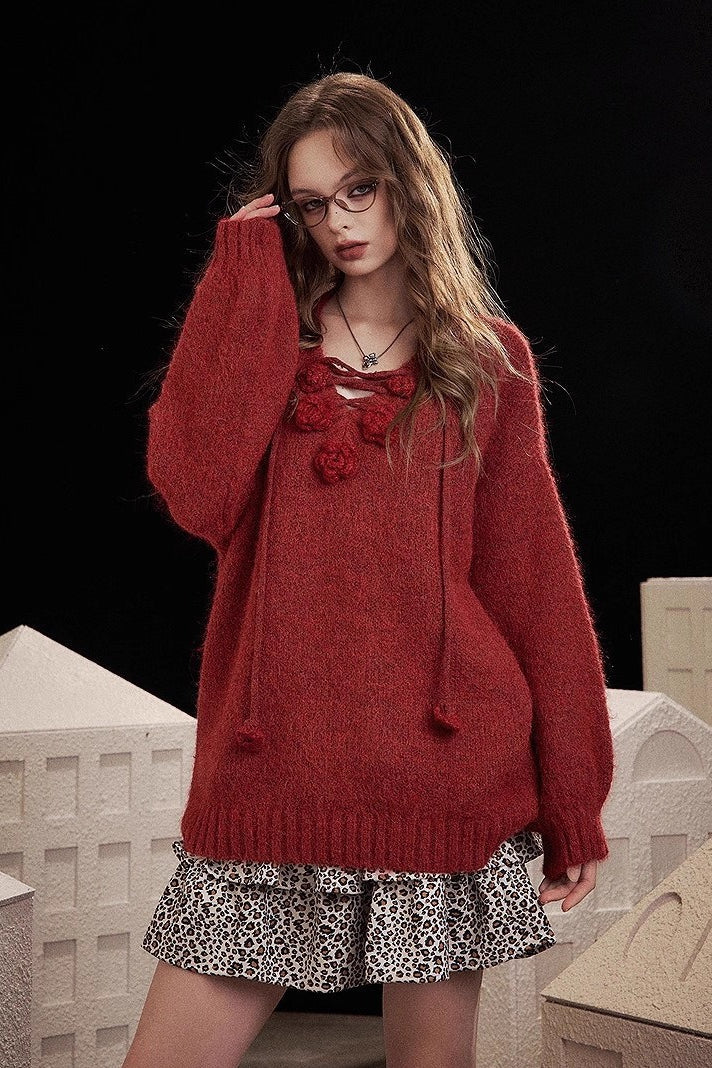 Embroidered Rose V Neck Knit Sweater