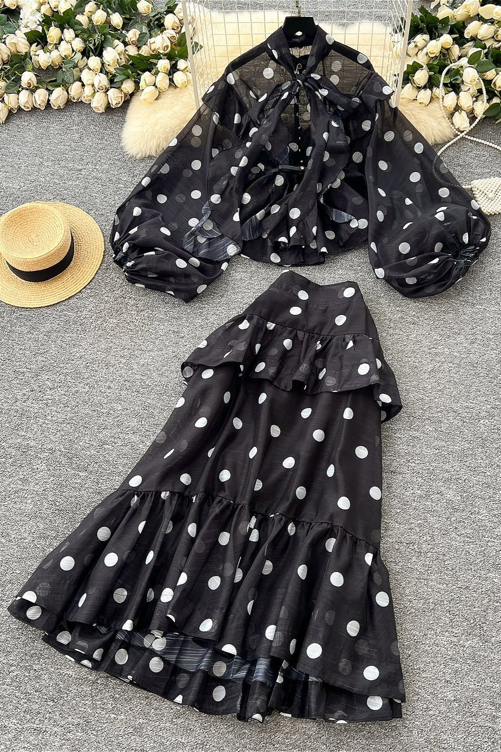 Polka Dot Blouse Mermaid Skirt Two Pieces Set