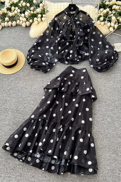 Polka Dot Blouse Mermaid Skirt Two Pieces Set